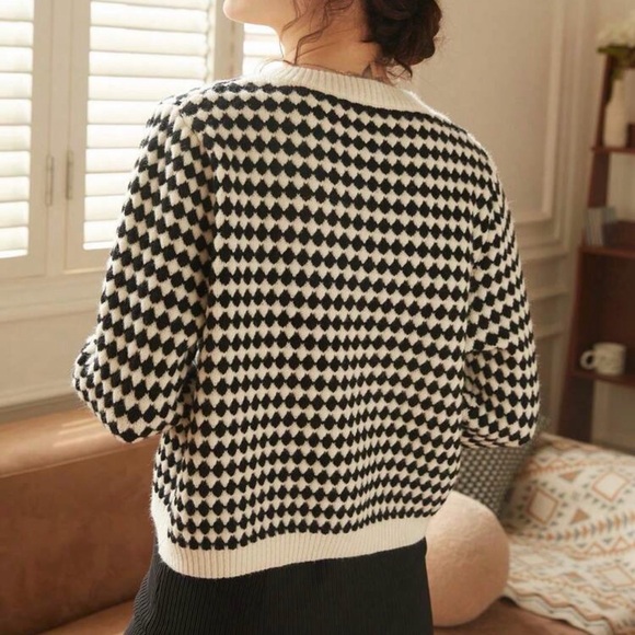 Knit Mix Elegant Knit French Cardigan, Plaid Pattern Pearl Button Front Sweater - Picture 2 of 11